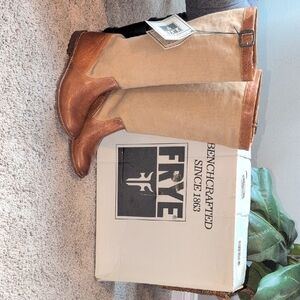 Nice Frye Tan and Brown Leather/ Canvas Tall Riding Cowboy Cowgirl Boots Sz 8